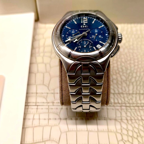 Rare "Blue Face" EBEL E-Type Men's Chronograph Model 9137C51/6316 Skeleton Back - Picture 7 of 16
